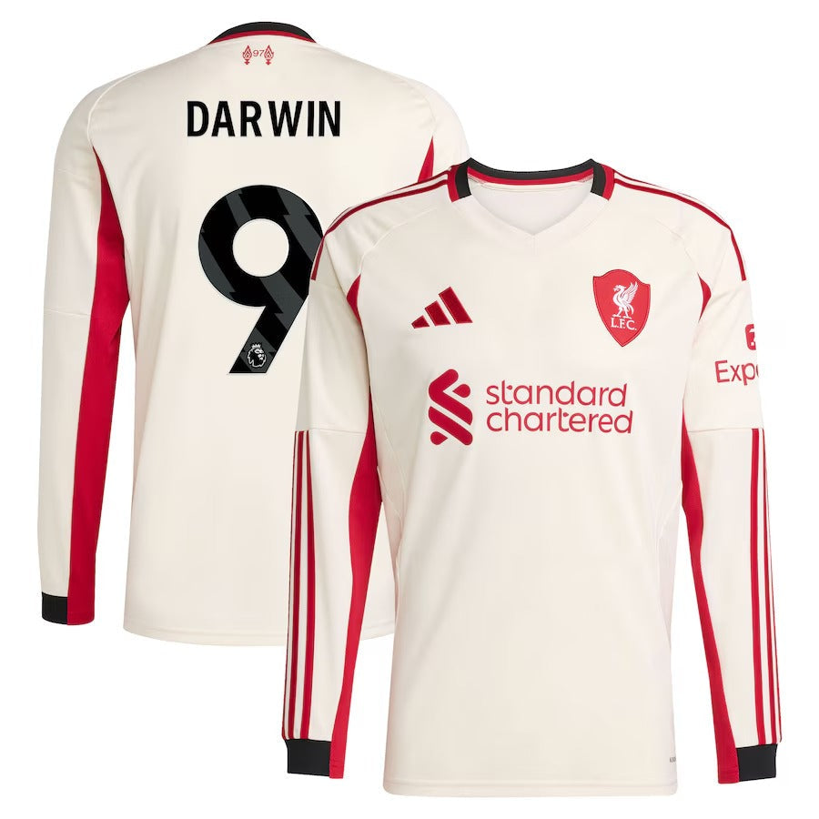 Darwin Núñez Liverpool Selfika 2025/26 Away Long Sleeve Player Jersey - White