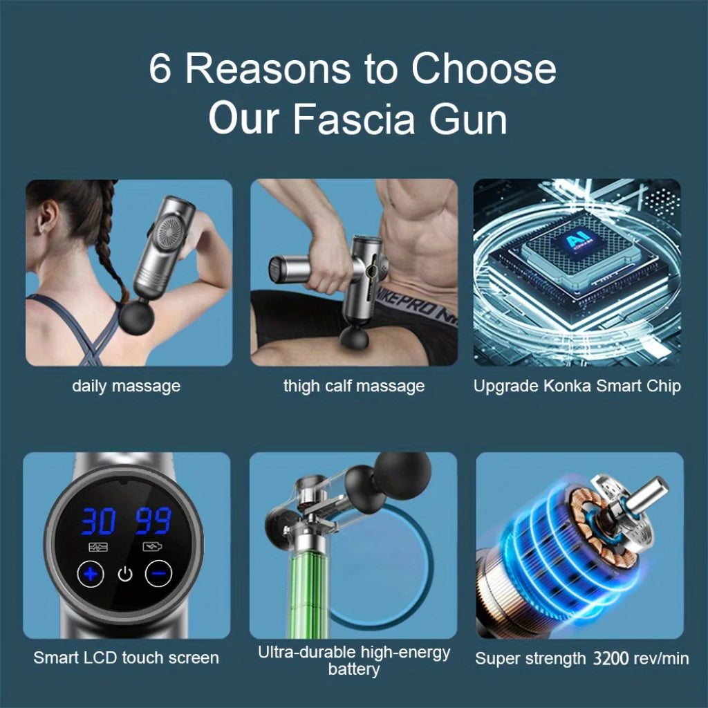 Selfika™ Portable LED Touch Screen Fascia Gun – Deep Tissue Percussion Massager with 4 Replaceable Heads for Muscle Recovery