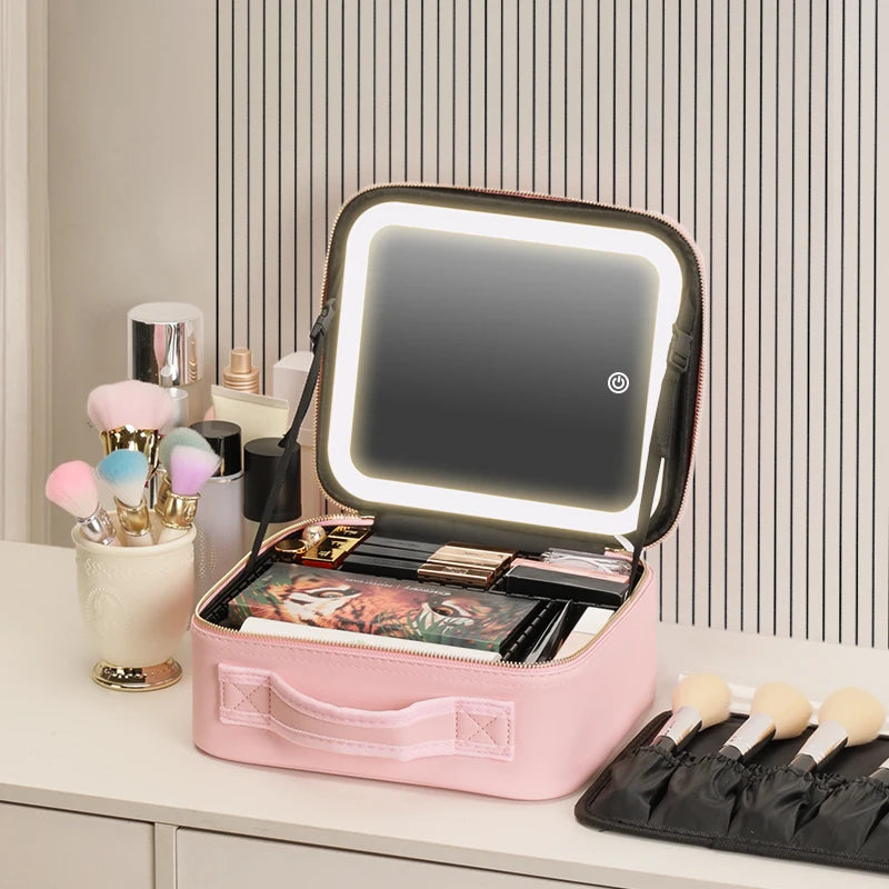 Selfika™ Portable Makeup Train Case – White Waterproof Travel Organizer with 3-Color LED Mirror and Adjustable Dividers