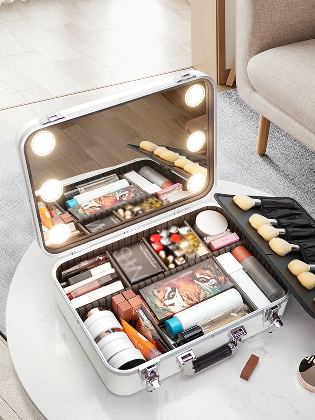 Selfika™ Professional Makeup & Jewelry Organizer – Rechargeable 3-Color LED Mirror Box with Hasp Closure