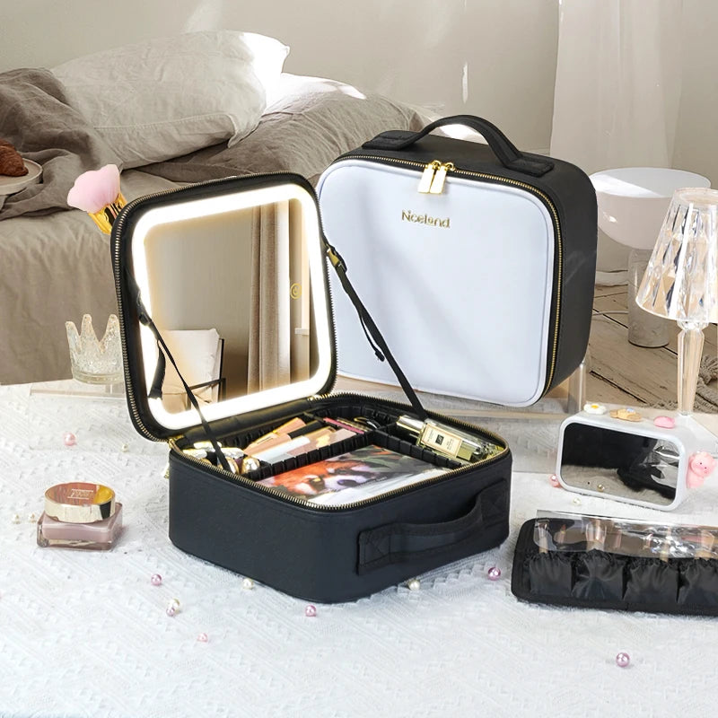 Selfika™ Portable Makeup Train Case – White Waterproof Travel Organizer with 3-Color LED Mirror and Adjustable Dividers