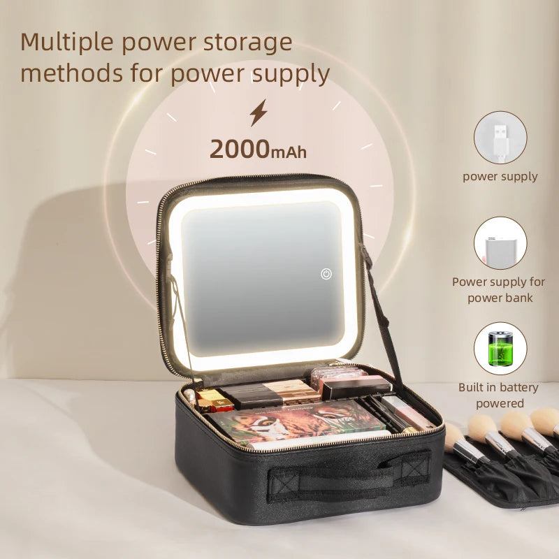 Selfika™ Portable Makeup Train Case – White Waterproof Travel Organizer with 3-Color LED Mirror and Adjustable Dividers