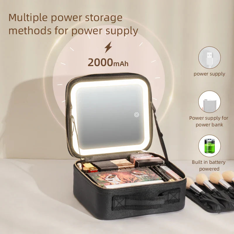 Selfika™ Portable Makeup Train Case – White Waterproof Travel Organizer with 3-Color LED Mirror and Adjustable Dividers