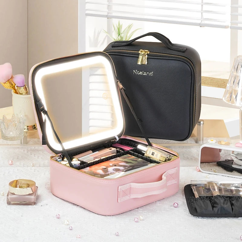 Selfika™ Portable Makeup Train Case – White Waterproof Travel Organizer with 3-Color LED Mirror and Adjustable Dividers