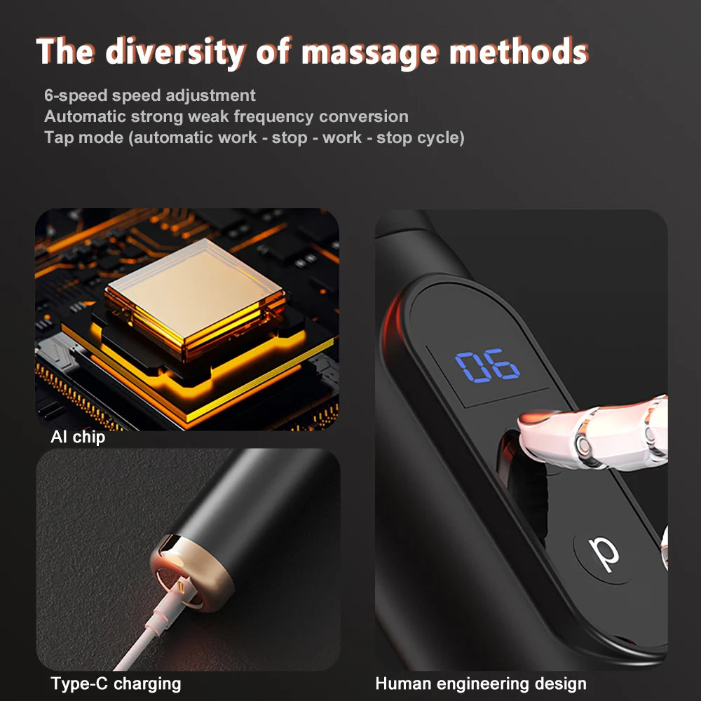Selfika™ Professional Extended Grip Fascia Gun – 6-Speed Percussion Massager with 3 Modes & 4 Specialized Heads
