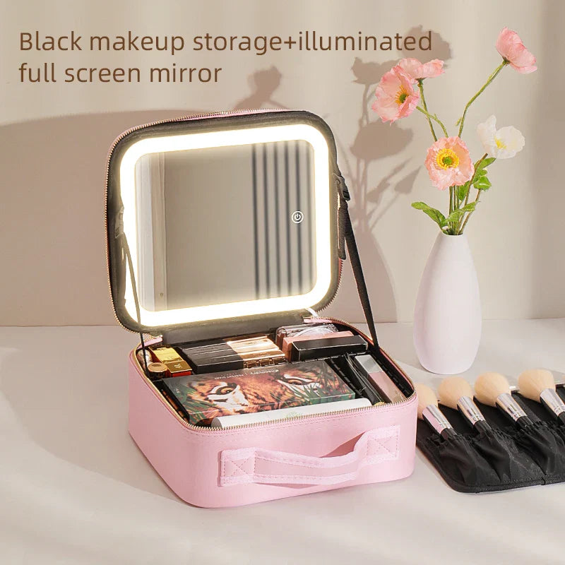 Selfika™ Portable Makeup Train Case – White Waterproof Travel Organizer with 3-Color LED Mirror and Adjustable Dividers