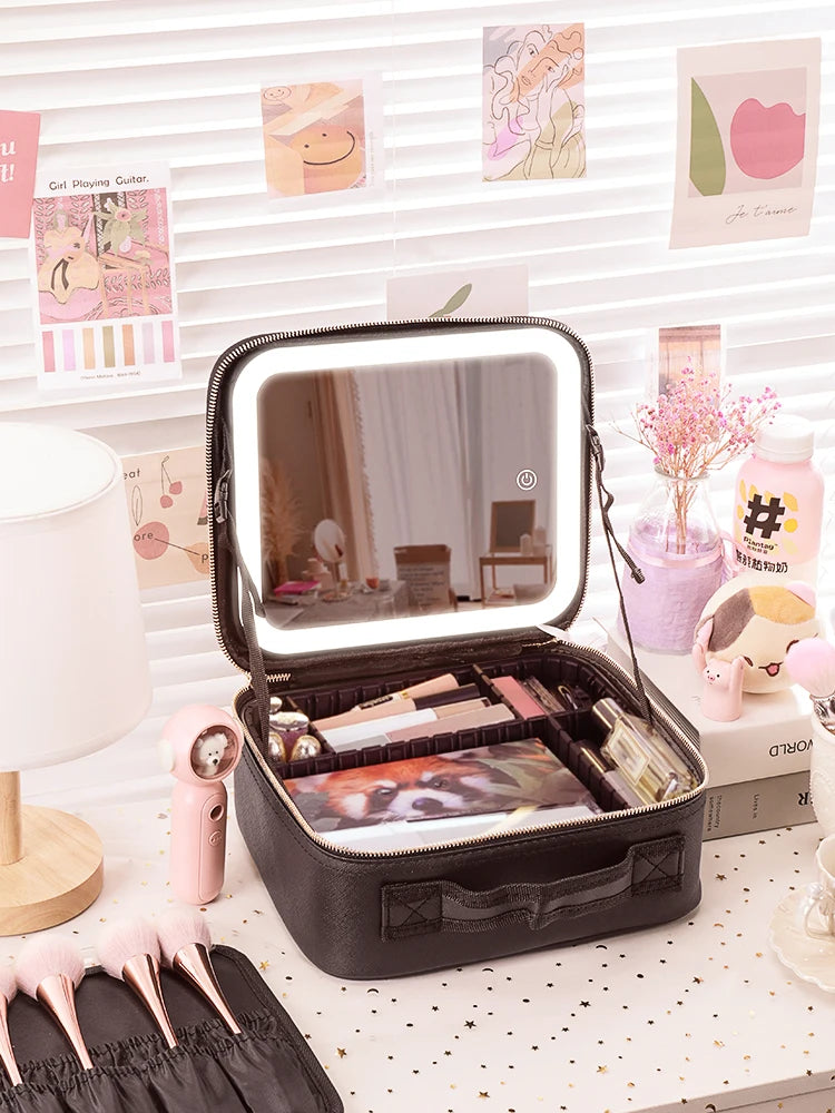 Selfika™ Portable Makeup Train Case – White Waterproof Travel Organizer with 3-Color LED Mirror and Adjustable Dividers