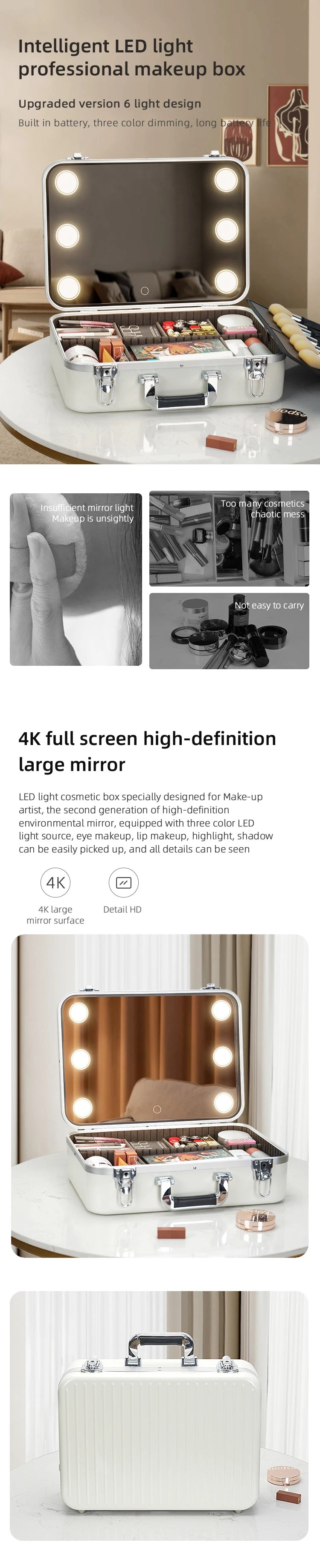Selfika™ Professional Makeup & Jewelry Organizer – Rechargeable 3-Color LED Mirror Box with Hasp Closure
