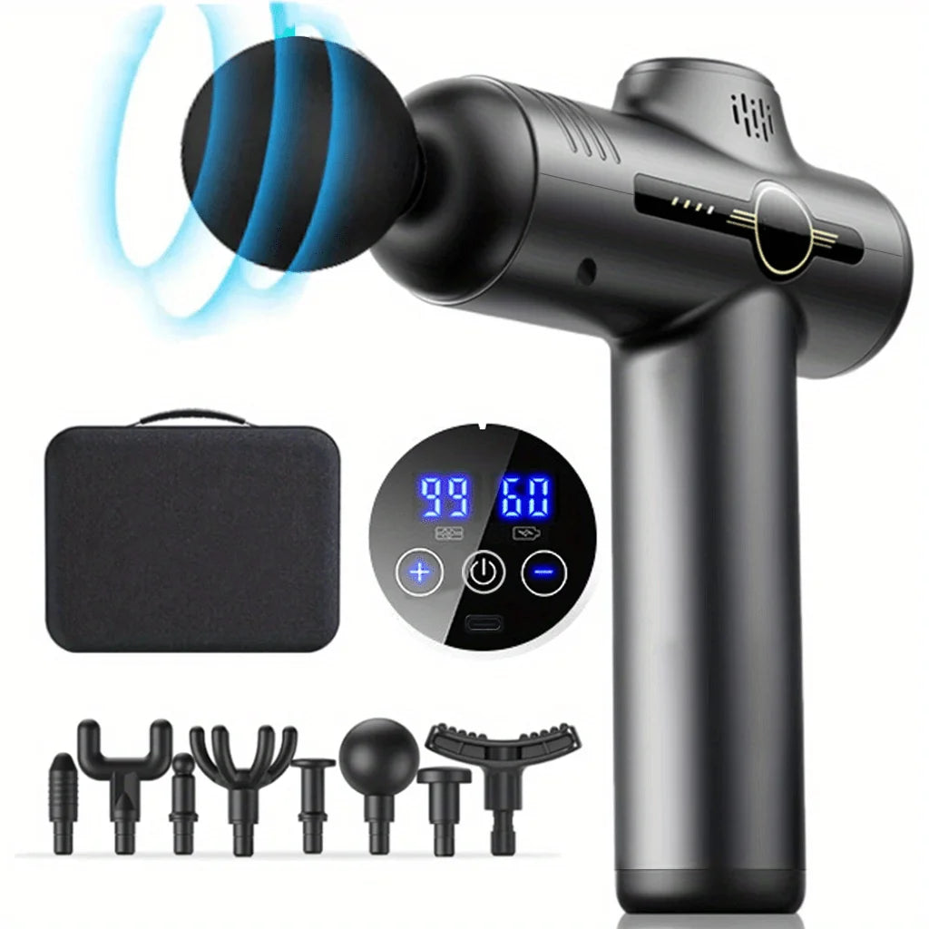Selfika™ Portable LED Touch Screen Fascia Gun – Deep Tissue Percussion Massager with 4 Replaceable Heads for Muscle Recovery
