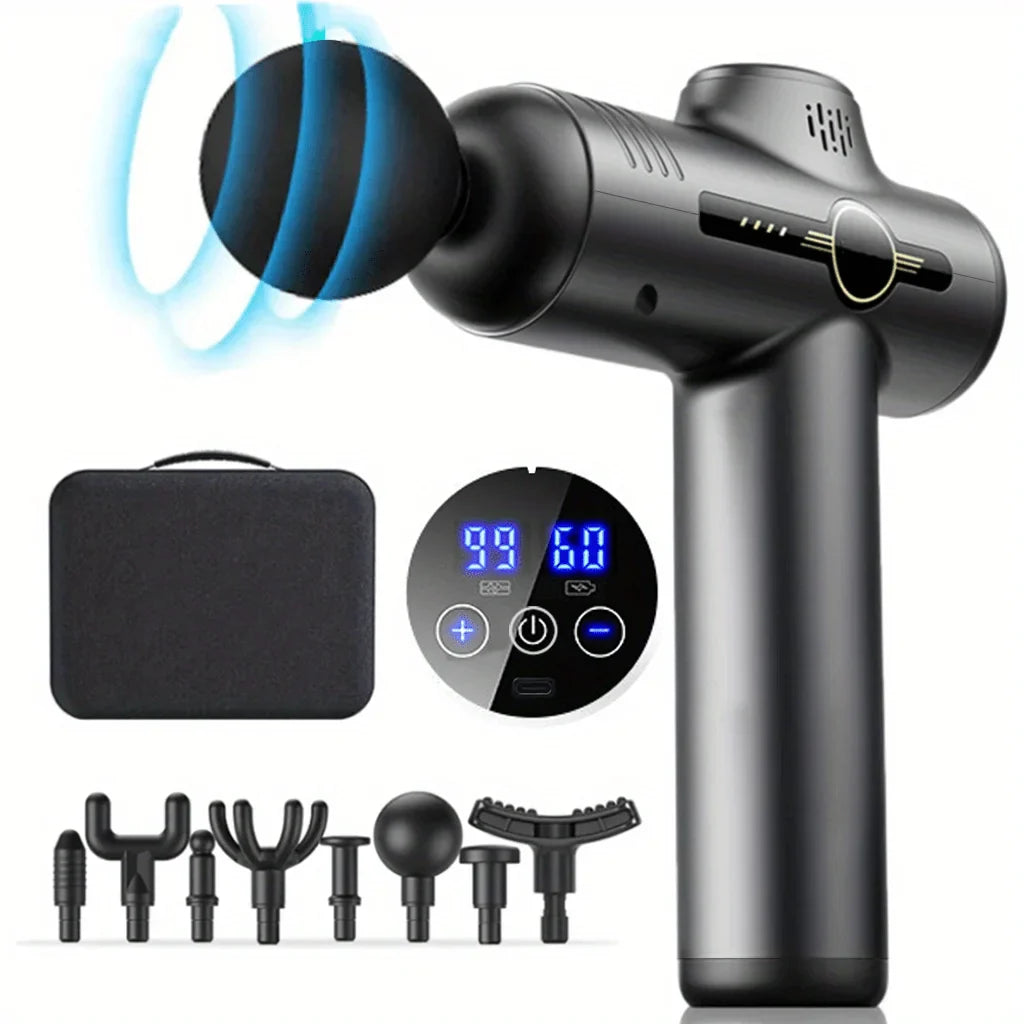 Selfika™ Portable LED Touch Screen Fascia Gun – Deep Tissue Percussion Massager with 4 Replaceable Heads for Muscle Recovery