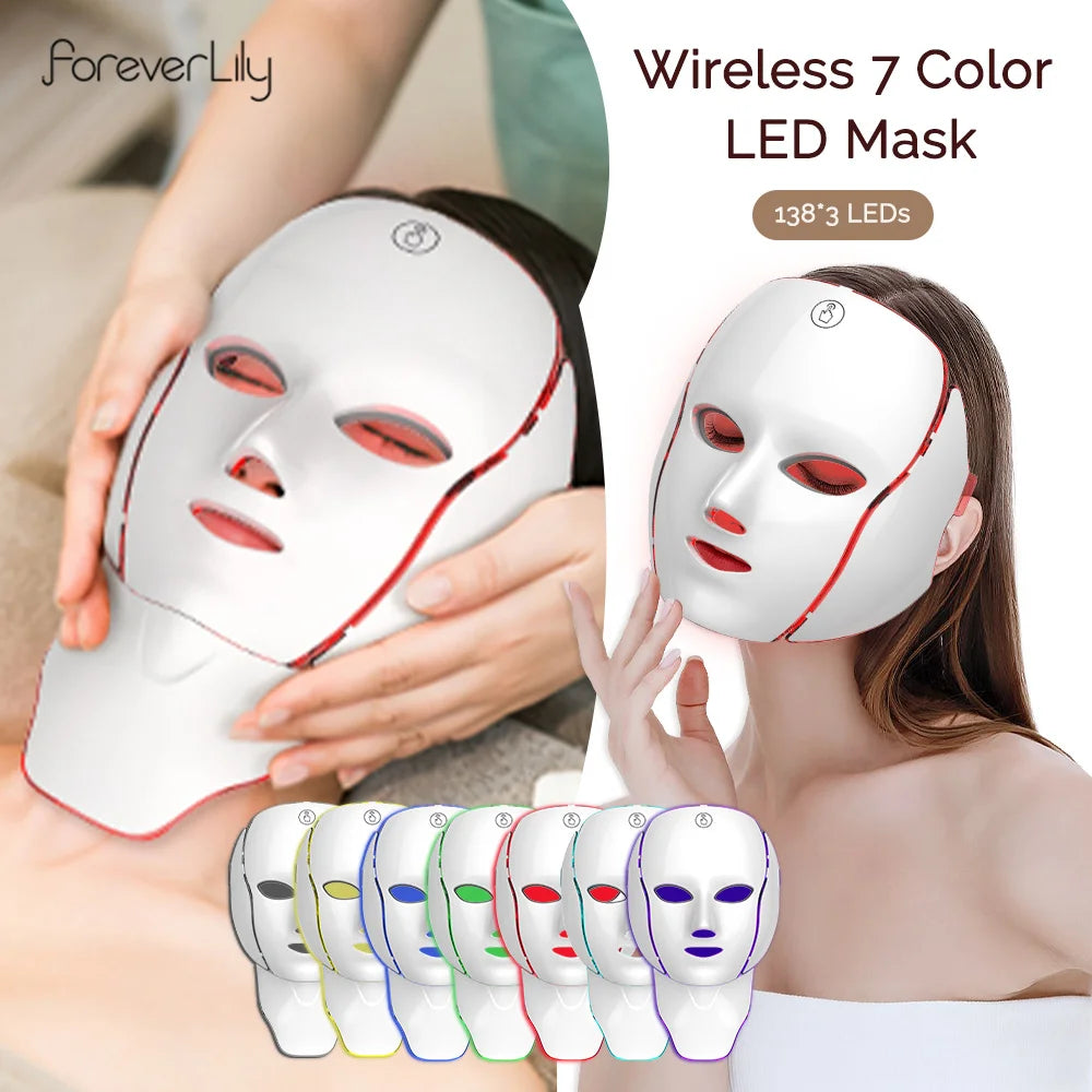 foreverlily 7-Color LED Face & Neck Light Therapy Mask – Wireless, Anti-Aging Appearance, Skin Tightening