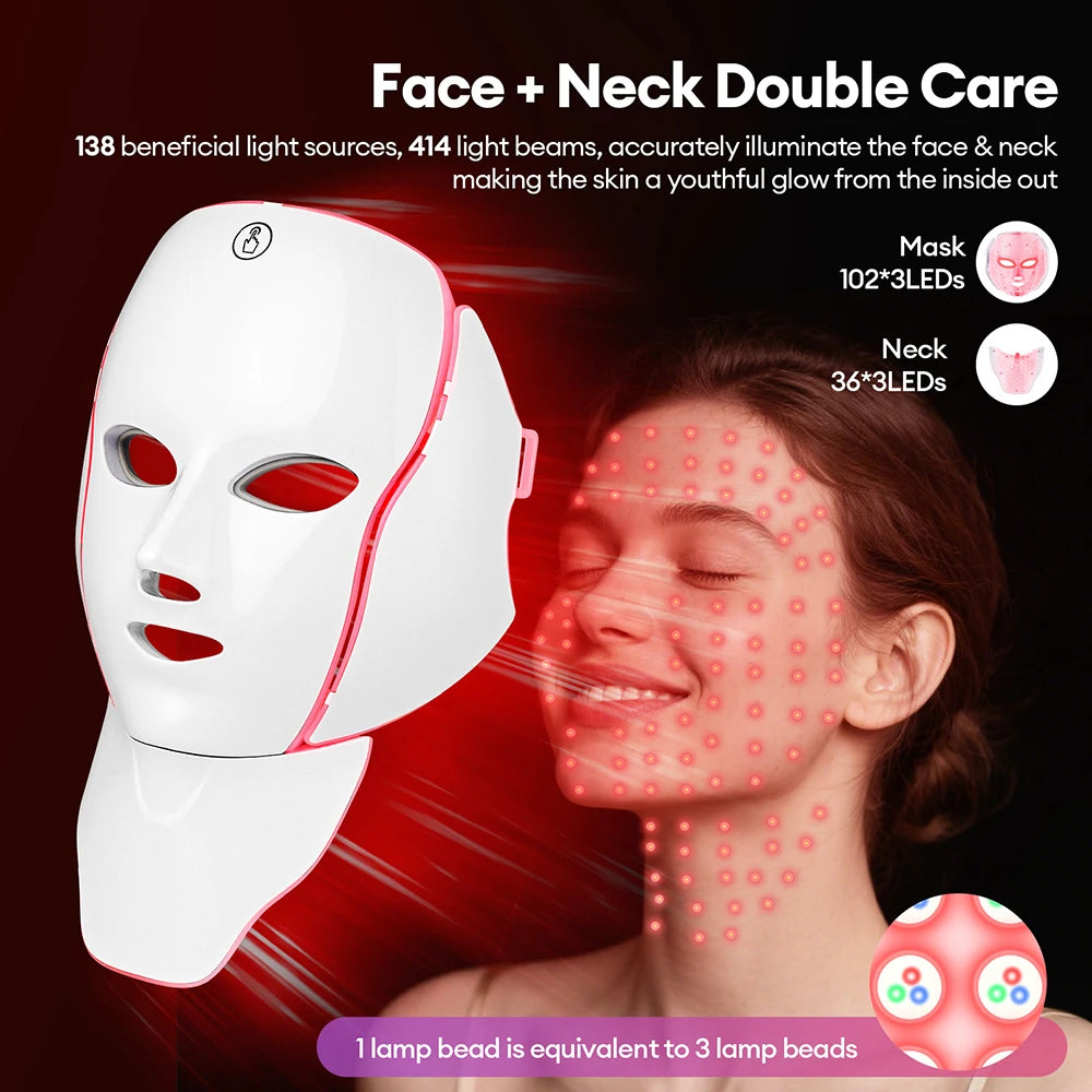 foreverlily 7-Color LED Face & Neck Light Therapy Mask – Wireless, Anti-Aging Appearance, Skin Tightening