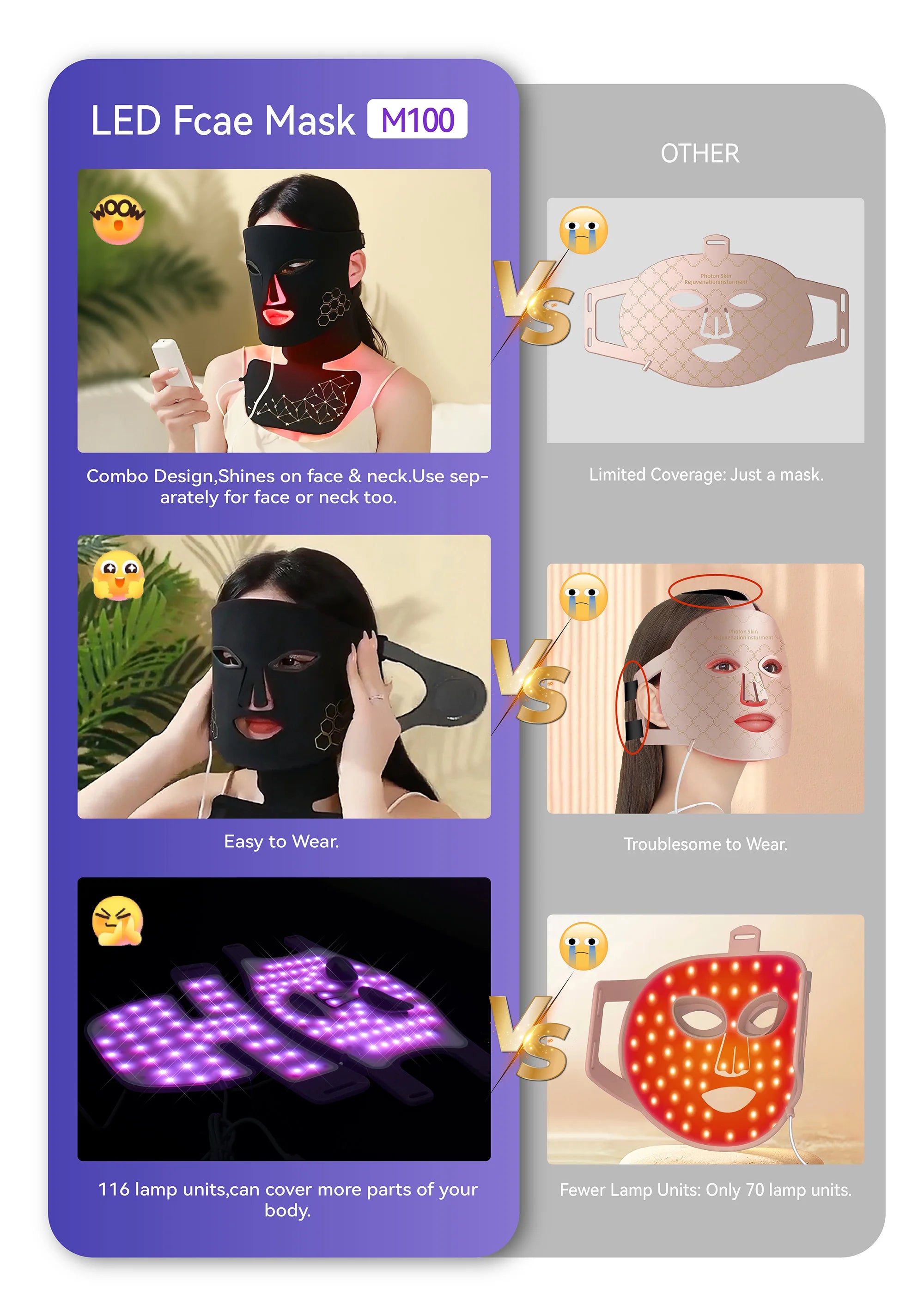 hello face Portable LED Light Therapy Mask – Red, IR, Blue, Acne Appearance, Skin Rejuvenation Home Use