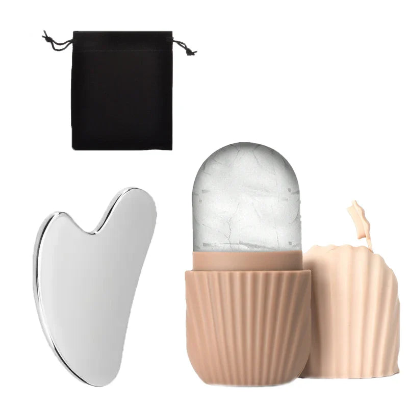 SUOJI 3-Piece Facial Massage Tool Set – Stainless Steel Gua Sha, Ice Roller, & Flannel Bag