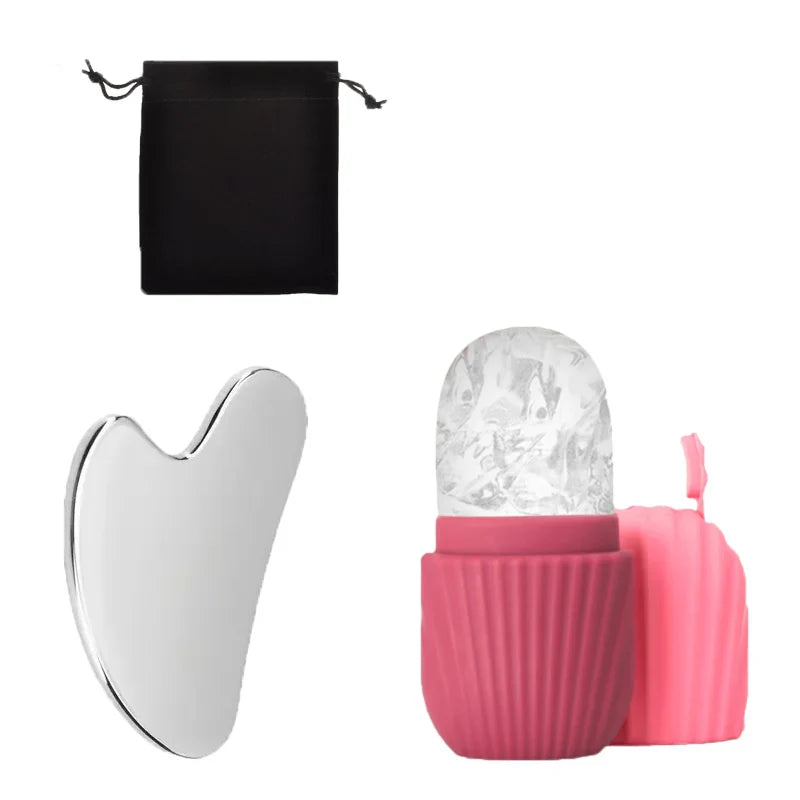 SUOJI 3-Piece Facial Massage Tool Set – Stainless Steel Gua Sha, Ice Roller, & Flannel Bag
