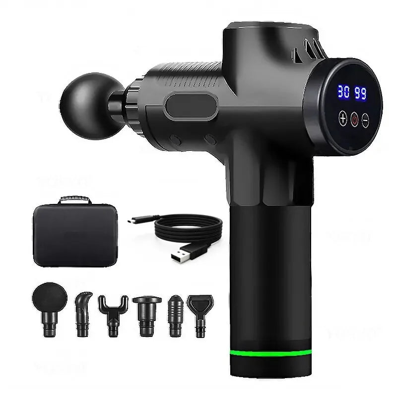 Selfika™ Portable LED Touch Screen Fascia Gun – Deep Tissue Percussion Massager with 4 Replaceable Heads for Muscle Recovery
