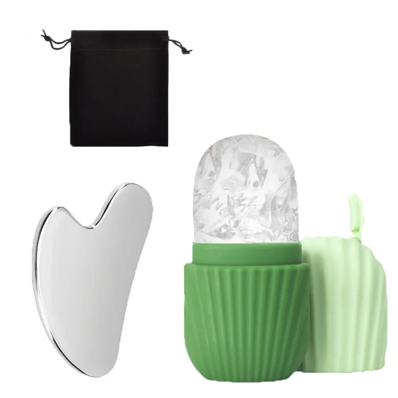 SUOJI 3-Piece Facial Massage Tool Set – Stainless Steel Gua Sha, Ice Roller, & Flannel Bag