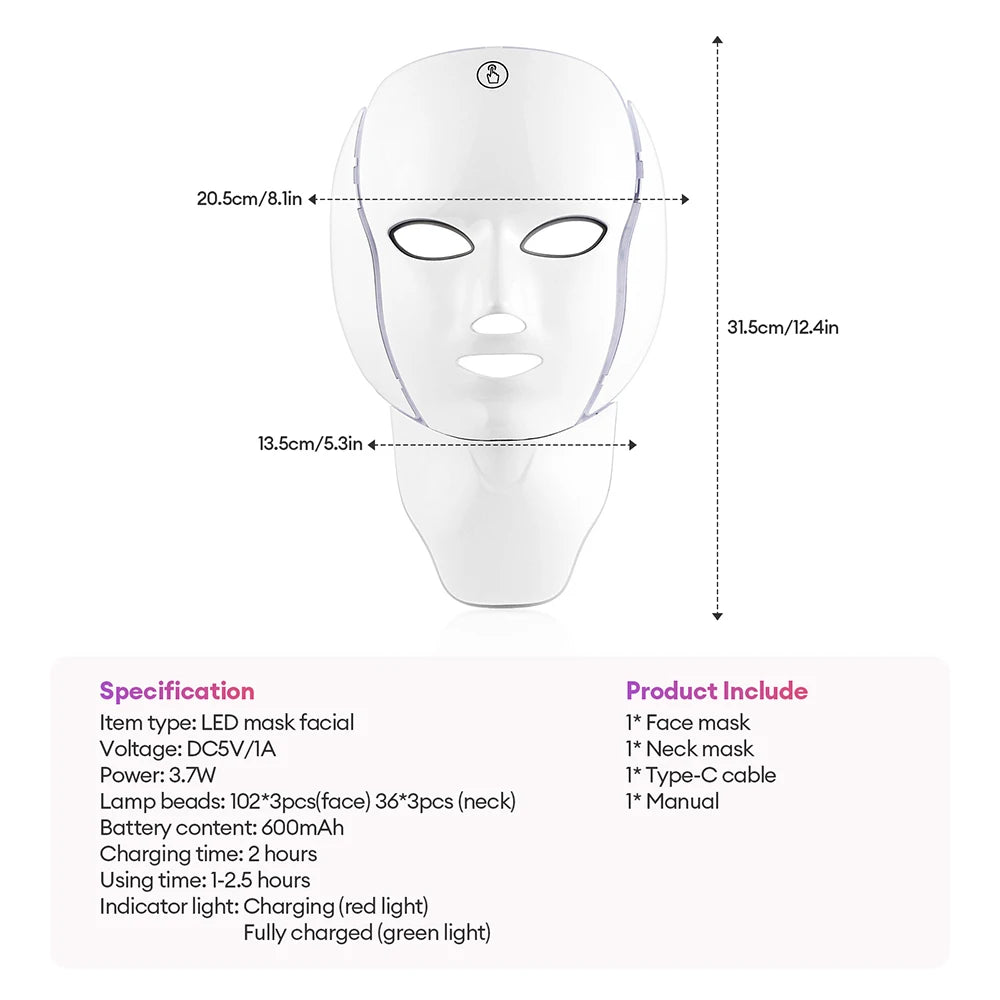 foreverlily 7-Color LED Face & Neck Light Therapy Mask – Wireless, Anti-Aging Appearance, Skin Tightening