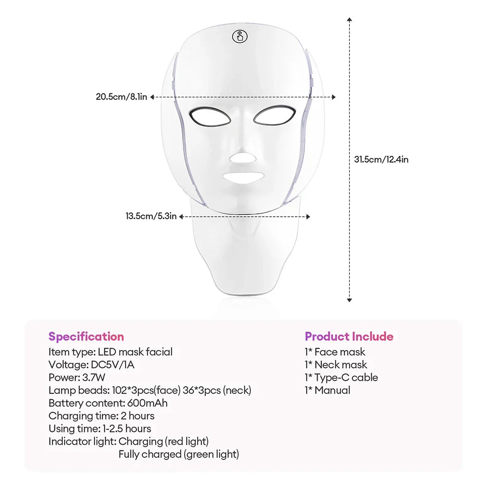 foreverlily 7-Color LED Face & Neck Light Therapy Mask – Wireless, Anti-Aging Appearance, Skin Tightening