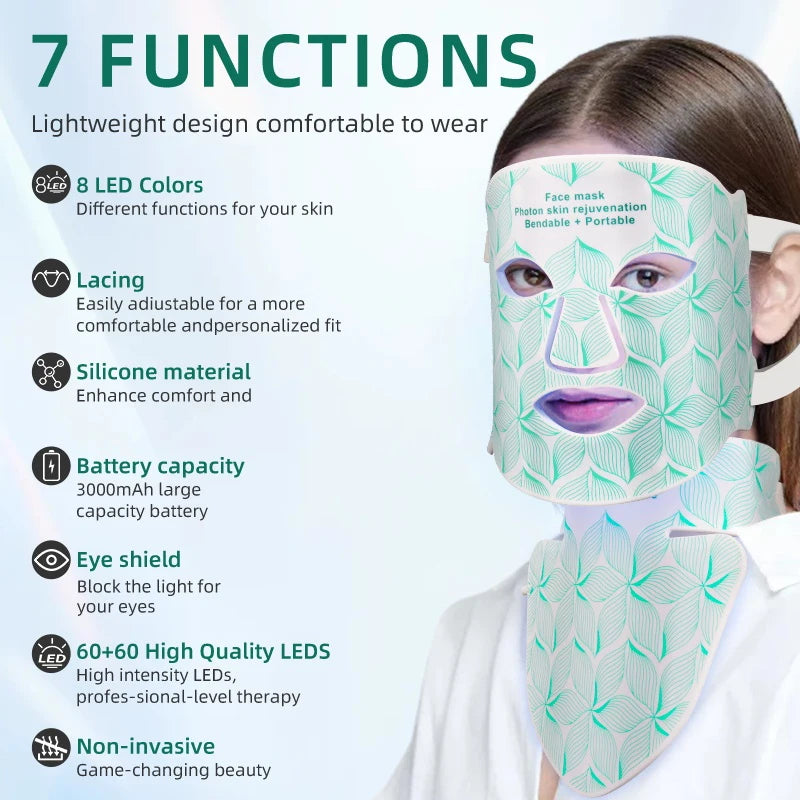 UBilli 8-Color + IR Silicone LED Face & Neck Mask – Light Therapy, Anti-Aging Appearance, Acne Control