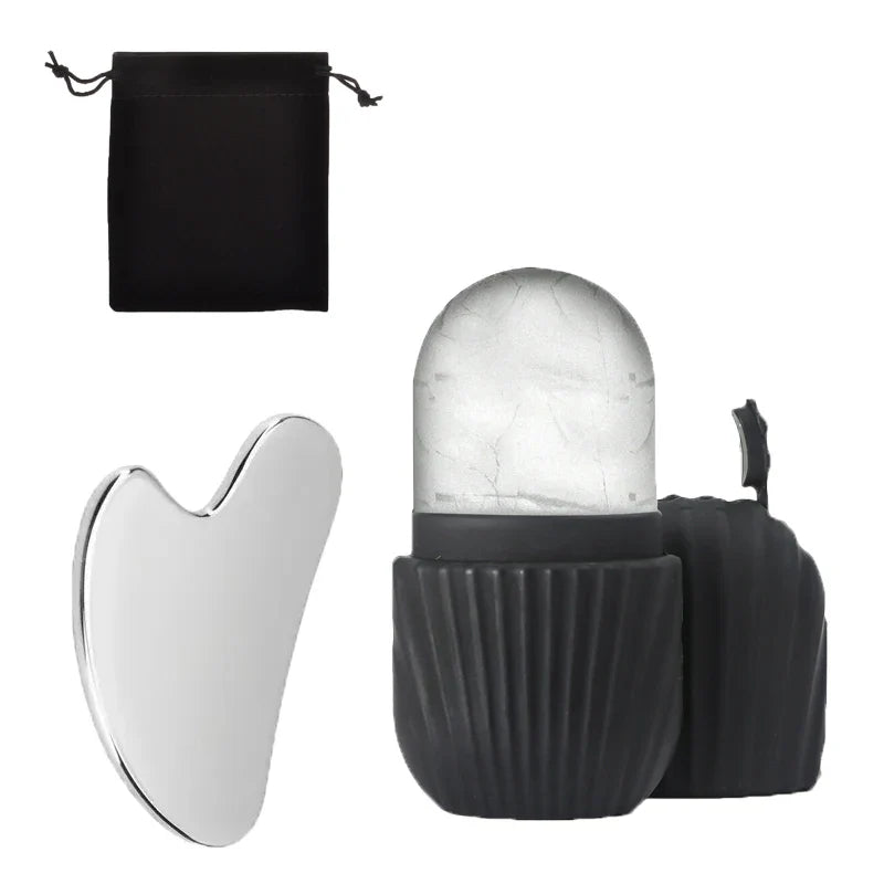 SUOJI 3-Piece Facial Massage Tool Set – Stainless Steel Gua Sha, Ice Roller, & Flannel Bag
