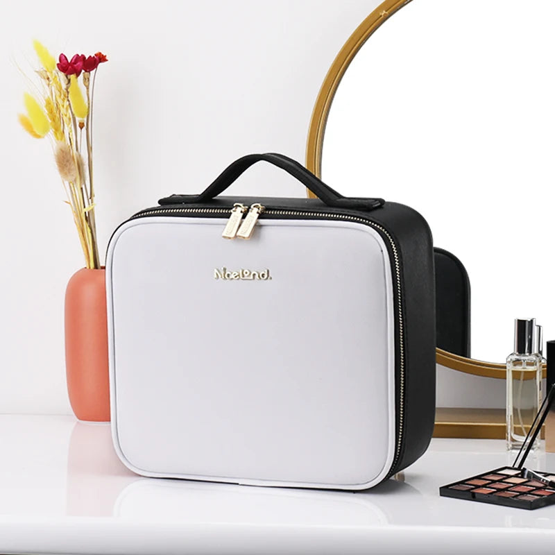 Selfika™ Portable Makeup Train Case – White Waterproof Travel Organizer with 3-Color LED Mirror and Adjustable Dividers