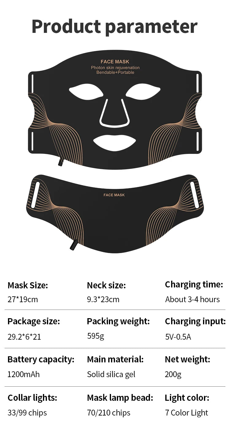 UBilli Wireless 7-Color LED Face & Neck Mask – Red Light Therapy, Anti-Aging Appearance, Home Use