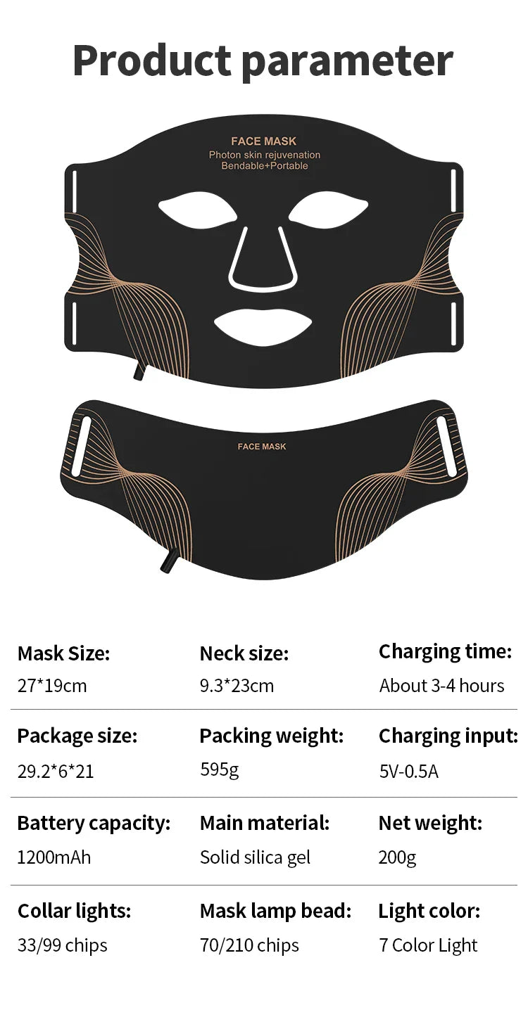 UBilli Wireless 7-Color LED Face & Neck Mask – Red Light Therapy, Anti-Aging Appearance, Home Use