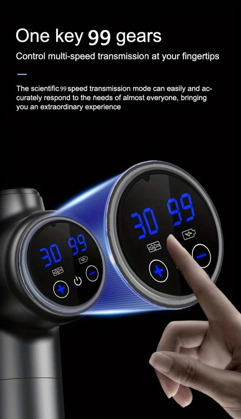 Selfika™ Portable LED Touch Screen Fascia Gun – Deep Tissue Percussion Massager with 4 Replaceable Heads for Muscle Recovery
