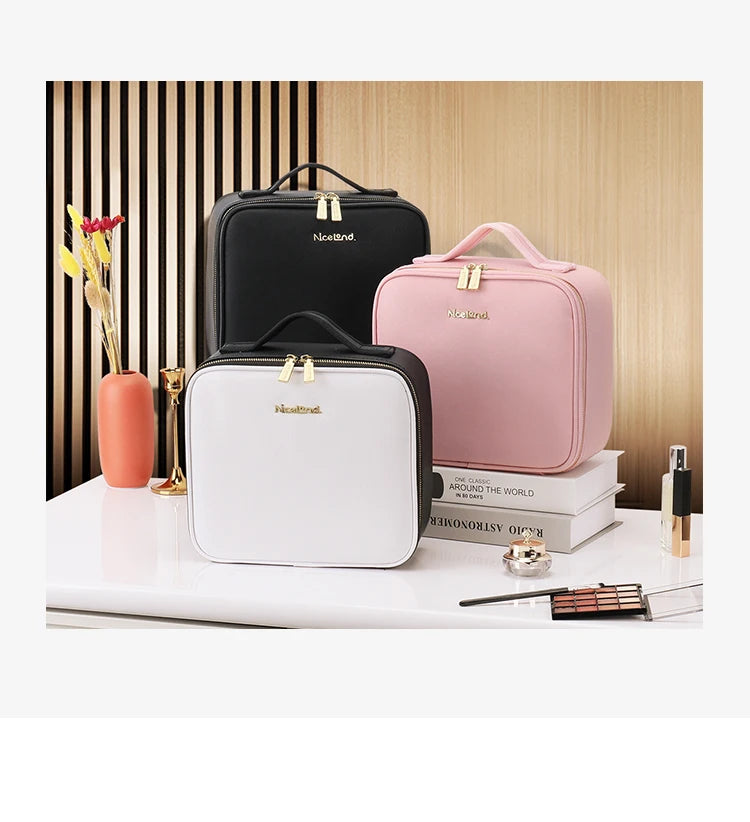 Selfika™ Portable Makeup Train Case – White Waterproof Travel Organizer with 3-Color LED Mirror and Adjustable Dividers