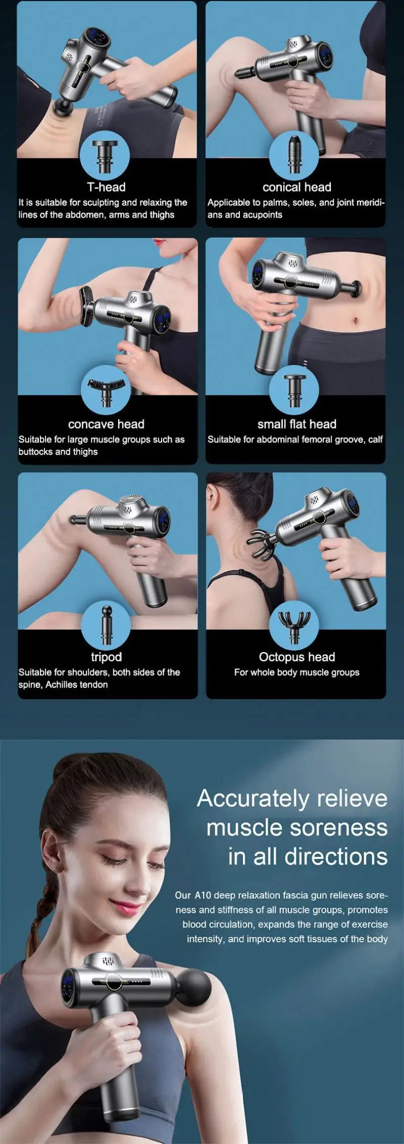 Selfika™ Portable LED Touch Screen Fascia Gun – Deep Tissue Percussion Massager with 4 Replaceable Heads for Muscle Recovery