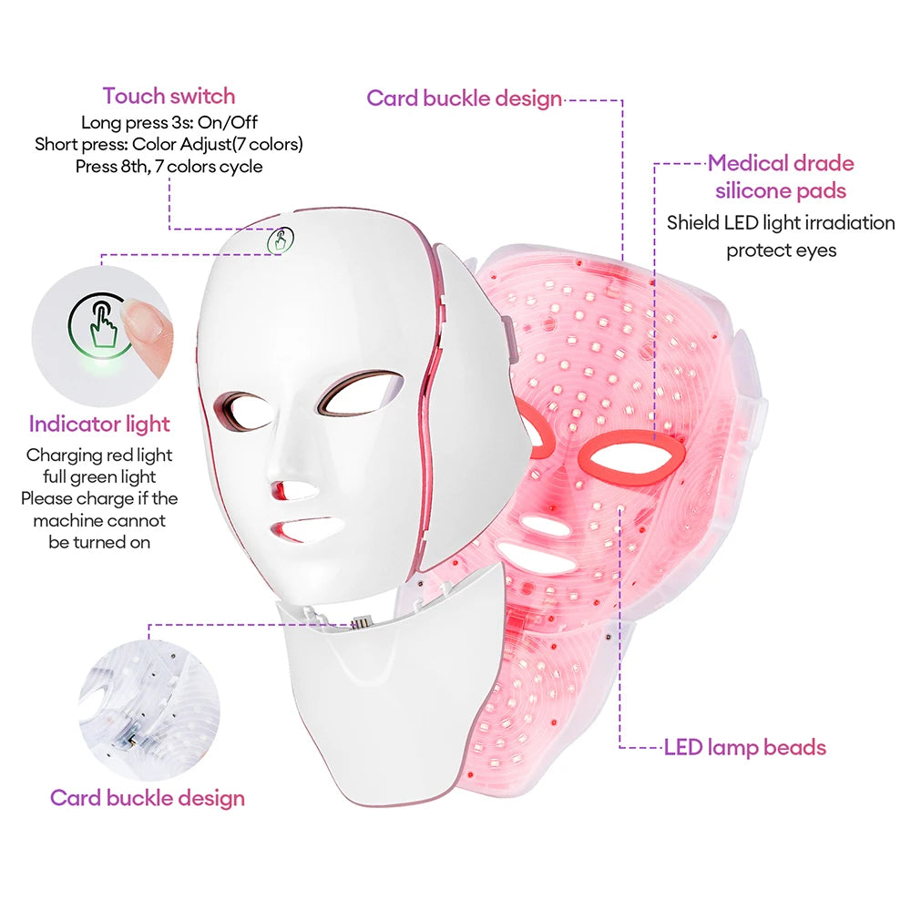foreverlily 7-Color LED Face & Neck Light Therapy Mask – Wireless, Anti-Aging Appearance, Skin Tightening