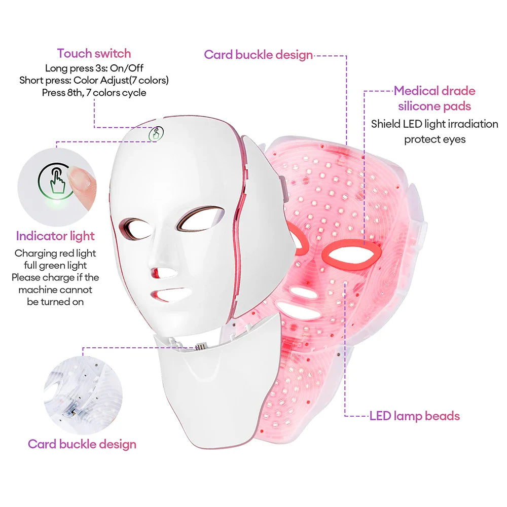 foreverlily 7-Color LED Face & Neck Light Therapy Mask – Wireless, Anti-Aging Appearance, Skin Tightening