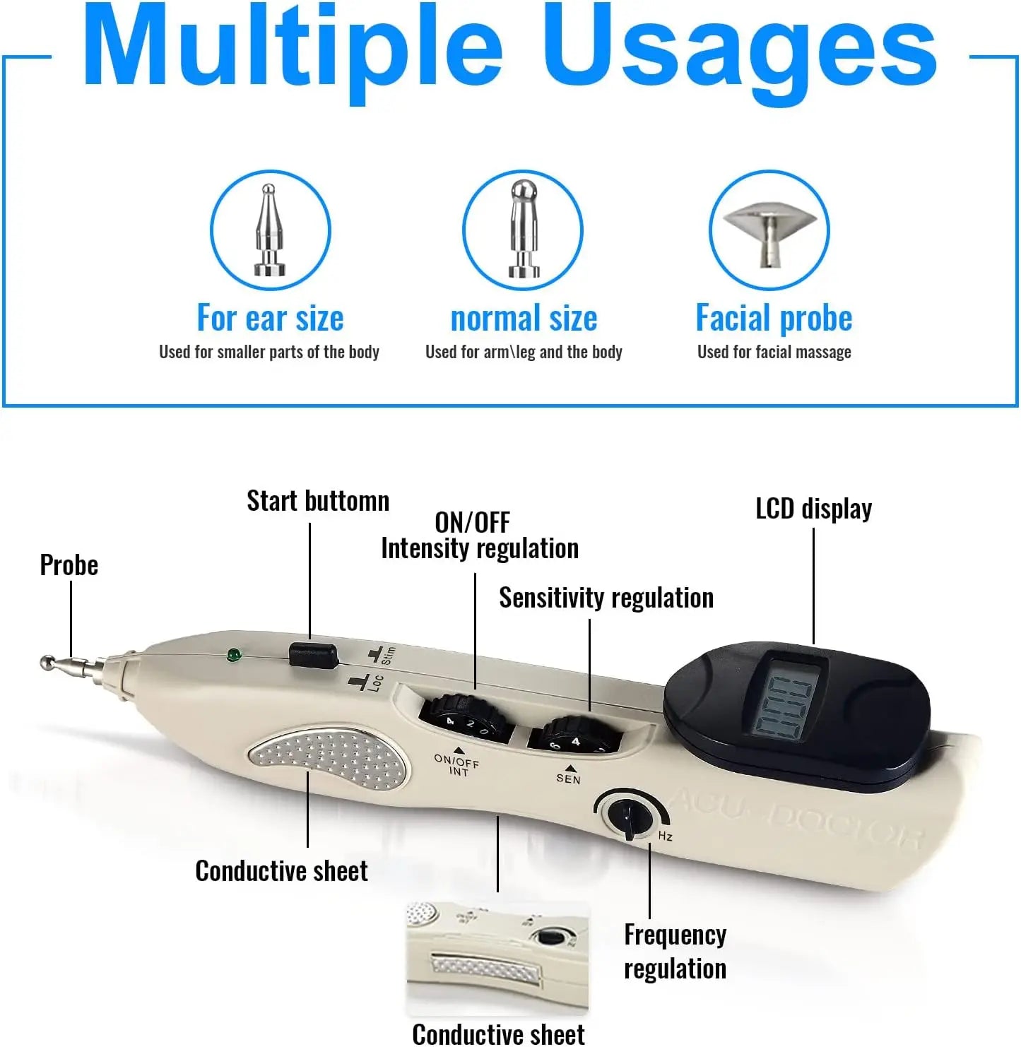 Generic Electronic Pulse Massager Pen – Rechargeable, 3 Interchangeable Massage Heads, Acupoint Locator