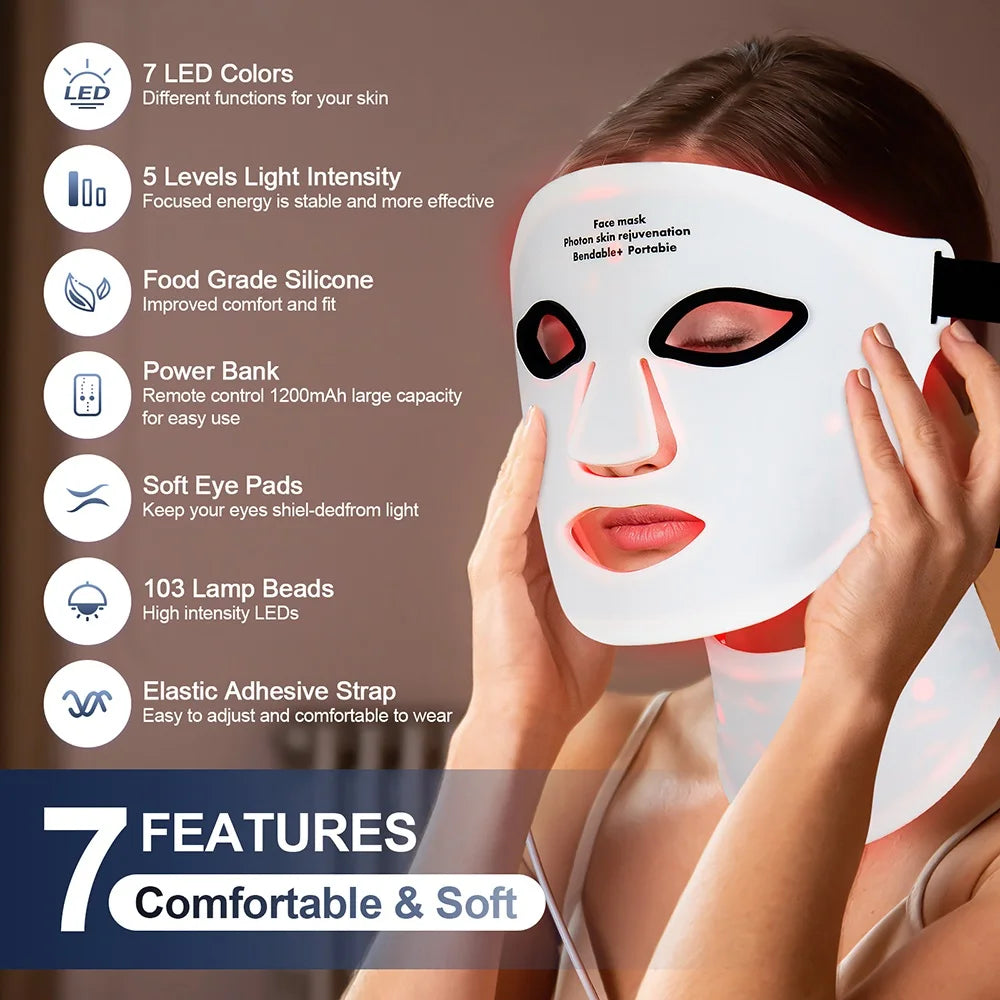 foreverlily Silicone 7-Color LED Face & Neck Mask – Wireless, Anti-Aging Appearance, Skin Rejuvenation