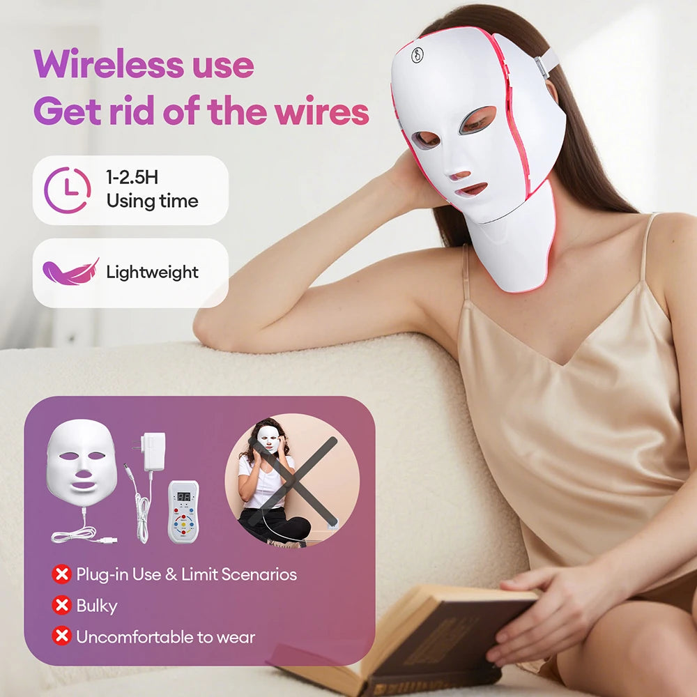 foreverlily 7-Color LED Face & Neck Light Therapy Mask – Wireless, Anti-Aging Appearance, Skin Tightening