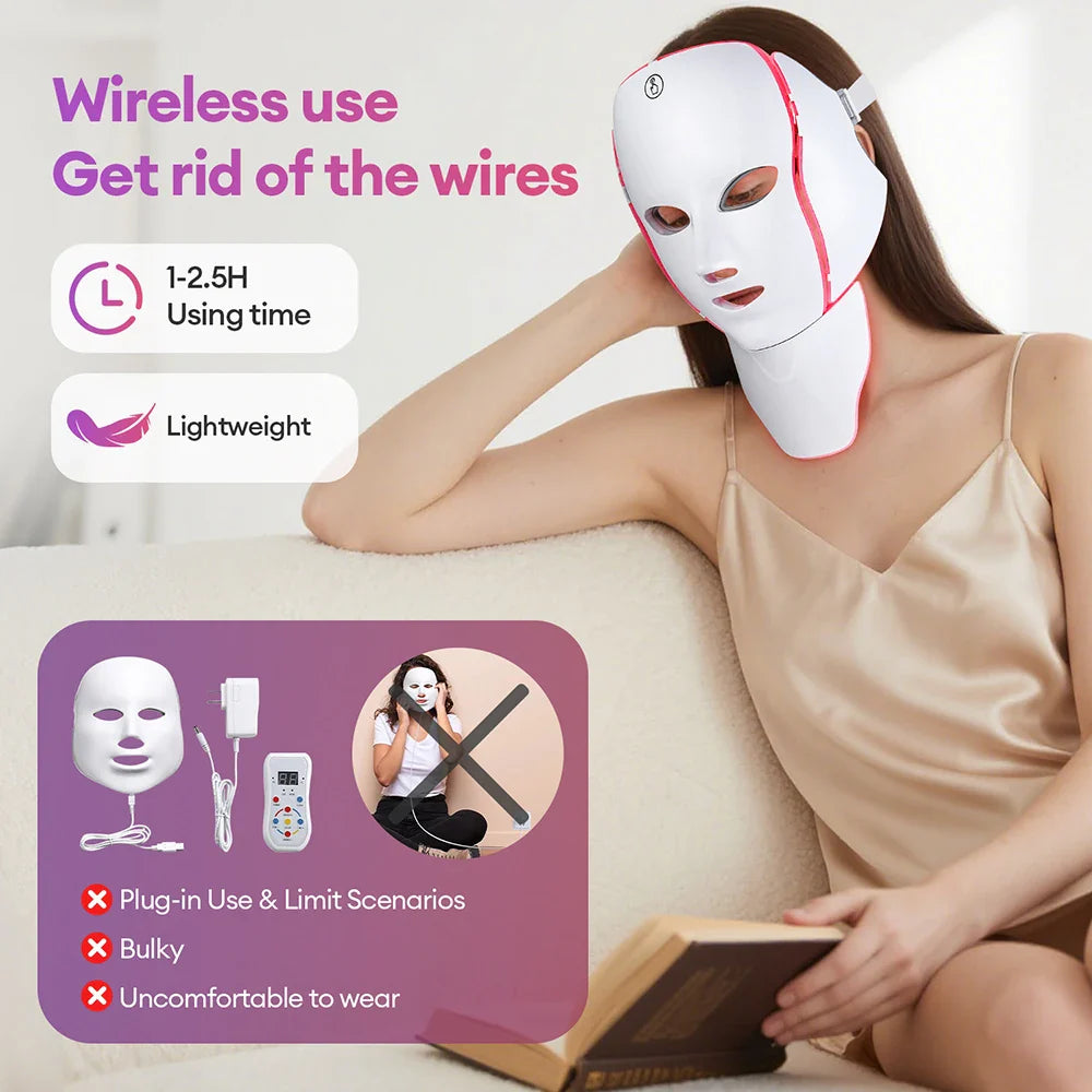 foreverlily 7-Color LED Face & Neck Light Therapy Mask – Wireless, Anti-Aging Appearance, Skin Tightening