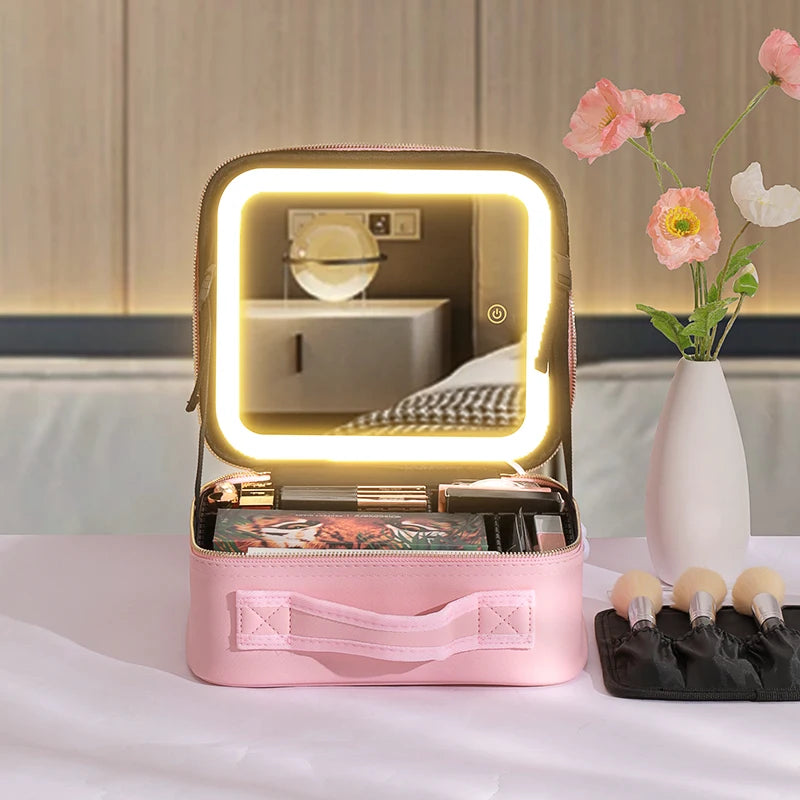Selfika™ Portable Makeup Train Case – White Waterproof Travel Organizer with 3-Color LED Mirror and Adjustable Dividers