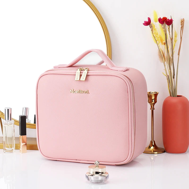 Selfika™ Portable Makeup Train Case – White Waterproof Travel Organizer with 3-Color LED Mirror and Adjustable Dividers