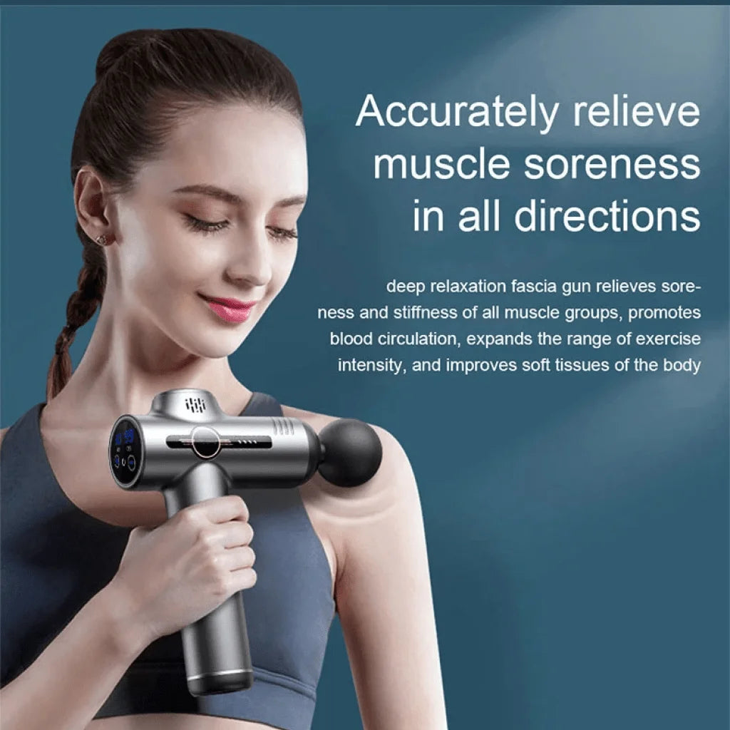 Selfika™ Portable LED Touch Screen Fascia Gun – Deep Tissue Percussion Massager with 4 Replaceable Heads for Muscle Recovery