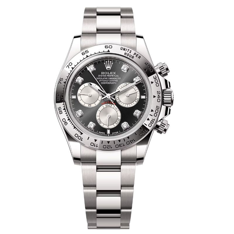 Selfika™ Chronograph 40mm Sports Watch – Bright Black and Steel Diamond-Set Dial with White Gold Finish and Oyster Strap