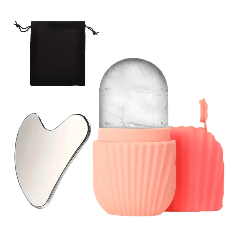 SUOJI 3-Piece Facial Massage Tool Set – Stainless Steel Gua Sha, Ice Roller, & Flannel Bag