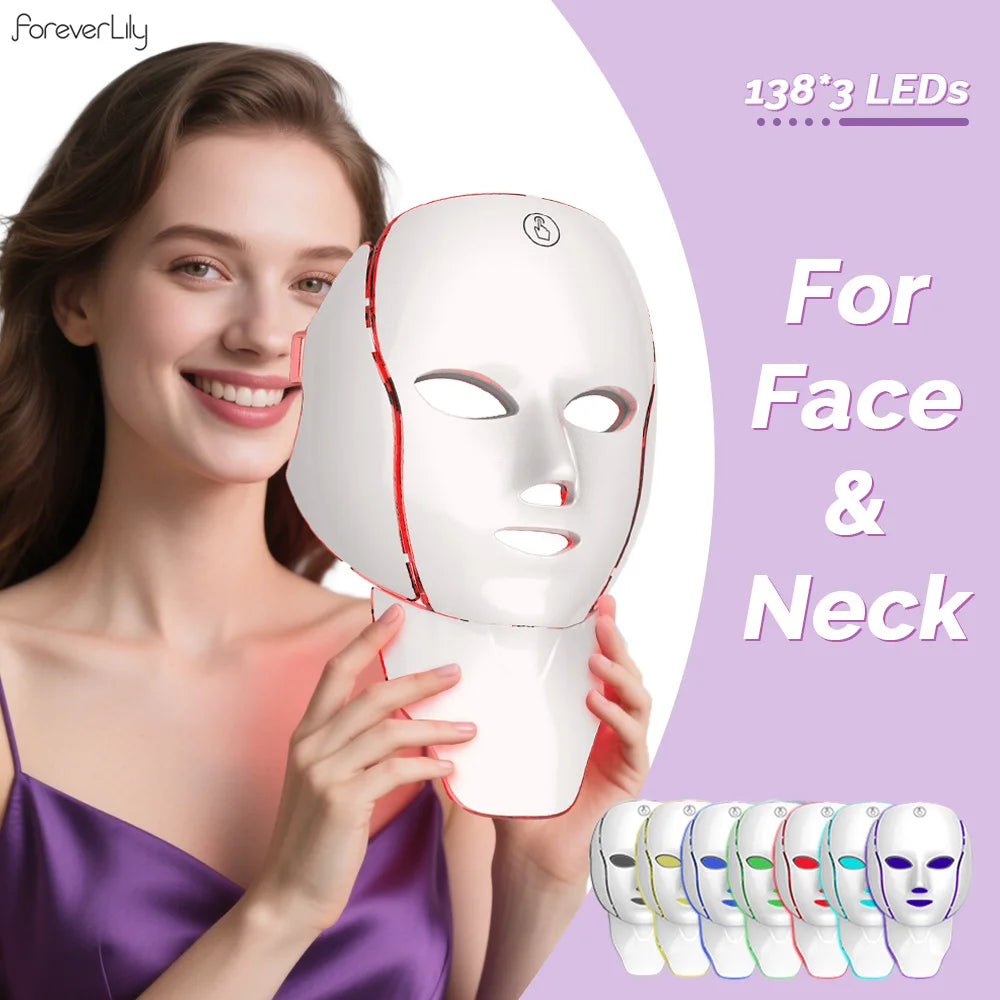 foreverlily 7-Color LED Face & Neck Light Therapy Mask – Wireless, Anti-Aging Appearance, Skin Tightening