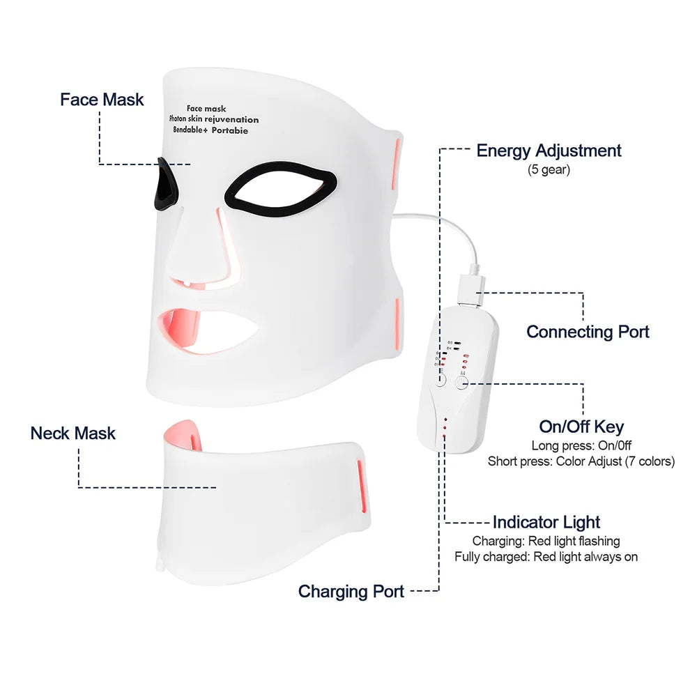 foreverlily Silicone 7-Color LED Face & Neck Mask – Wireless, Anti-Aging Appearance, Skin Rejuvenation