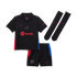 Puma Barcelona away kit 2024-25 kid with black jersey, shorts, and socks featuring red and blue accents