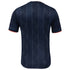 Back view of Bay FC Nike 2025 jersey in dark blue with subtle vertical pattern and red sleeve trim